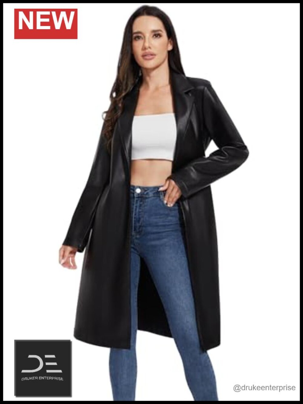 Faux Leather Trench Coat Belted Double Breasted Vegan Pleather